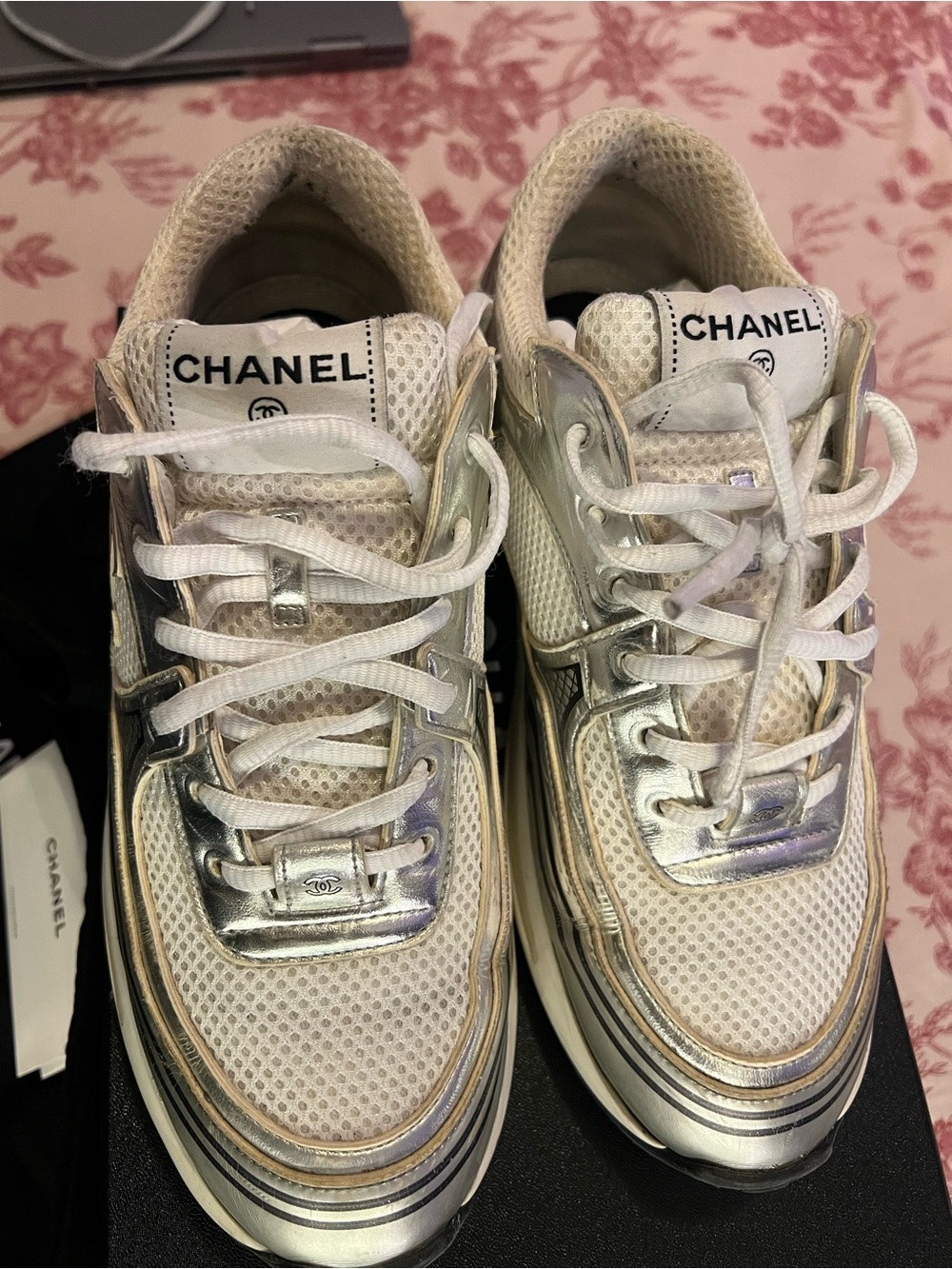 Chanel Silver Metallic Mesh Platform Sneakers - Women's - Picture 3 of 10
